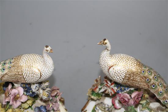 A pair of Derby figures of peacocks, c.1840, red printed crown D mark, H. 15.5 and 16cm